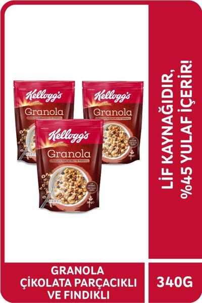 Kellogg's Granola Çikolata Parçacıklı Ve Fındıklı 340g X3 Adet,%44 Yulaf Ezme...