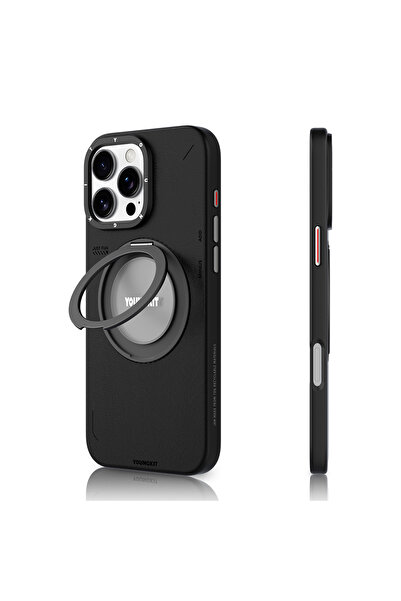 Youngkit iPhone 16 Pro Kılıf Magsafe Özellikli 360 Standlı Deri Desenli Youngkit Tech Leather Serisi Siyah