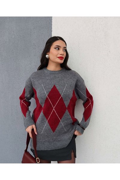 Human Base Women's Burgundy Gray Old Money Diamond Print Sweater - Allure Collect for Christmas