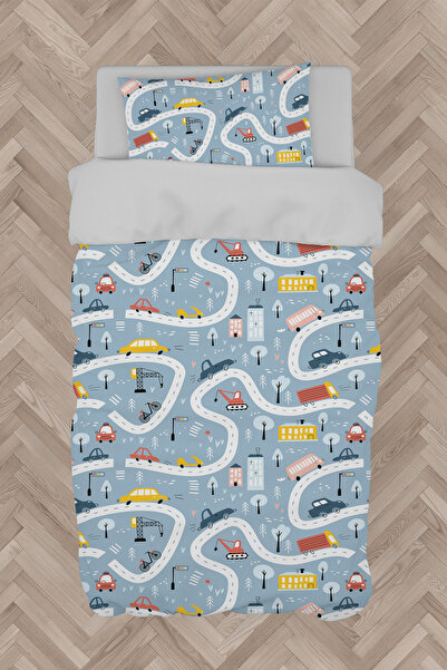 BAMBAŞKA MODA Baby and Children's Room Blue Duvet Cover Set with Road and Tro...