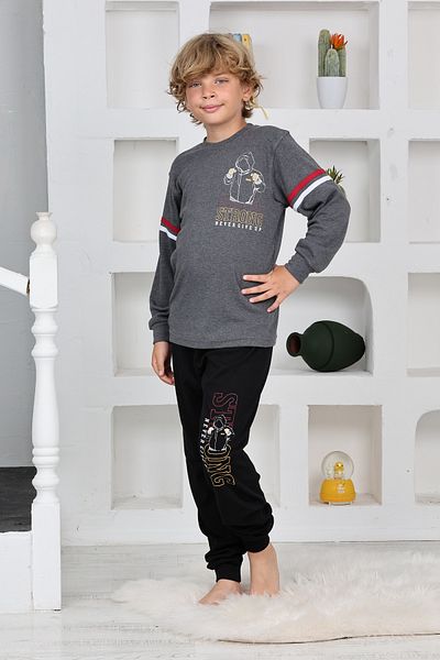 KAPİKİDS Long Sleeve Crew Neck Anthracite Melange Color Front and Back Printed Interlock Men's Pajamas Set