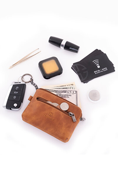 Trusador Milano Tan Zippered Mini Size Pouch Wallet Unisex Genuine Leather Rfid Protected
