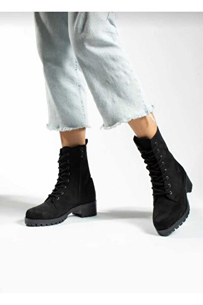 Ayakkabı Ülkesi Postal Siyah Nubuk  Bağcıklı Fermuarlı Kadın Bot