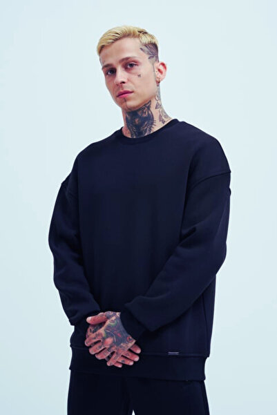 Men's Oversize 3 Thread Raised Long Sleeve Crew Neck Sweater