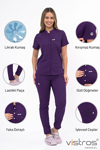 Vistros Medikal Premium Kumaş Gizli Cep Gizli Düğme Detaylı Likralı Scrubs Hemşire Doktor Üniforma (Alt-Üst) V-004