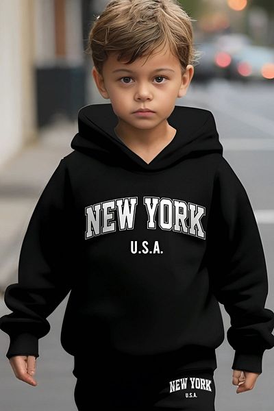 Merry Store New York Printed Children's Hoodie and Kangaroo Pocket Set