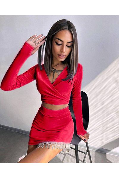 hipnoz butik Velour Fabric Stone Detail Bustier Skirt Suit