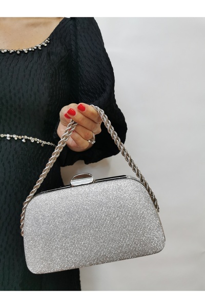 BEEGİ CONCEPT Women's Big Stone Silver Evening Dress Clutch Night Chain Weddi...