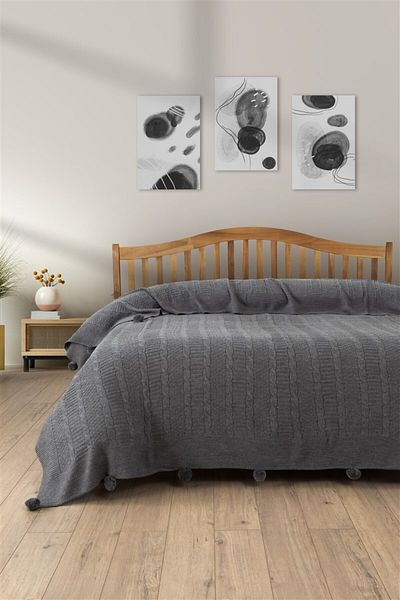 Sevim Şift Kişilik Ponponlu Triko Örme Battaniye - Modern & Şık Yatak Örtüsü -gri - 220x240 سم