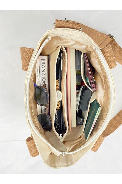 ASFAMA Zippered Canvas Bag - Tote Bag with Shoulder Strap