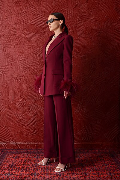 Bohai Design Tasarım  Bordo  Otriş Tüylü Renk Ceket Pantolon Alt-Üst Takım Elbise