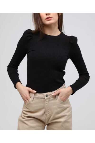 VİZYON Kadın Balon Omuz Büzgü Detaylı Kaşkorse Body  Standart beden S-M-L uyumlu Siyah renk