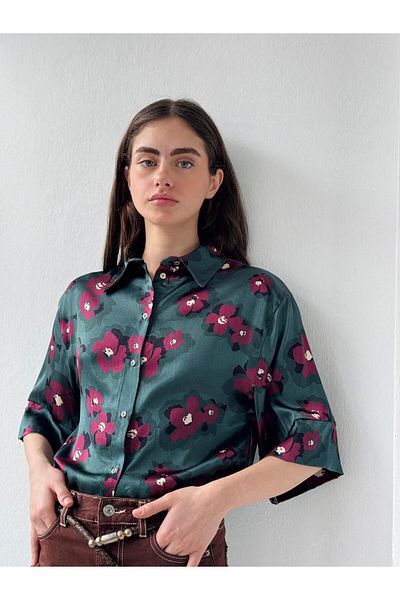 Retrobird Cămașă scurtă din satin de culoare petrol - Femei