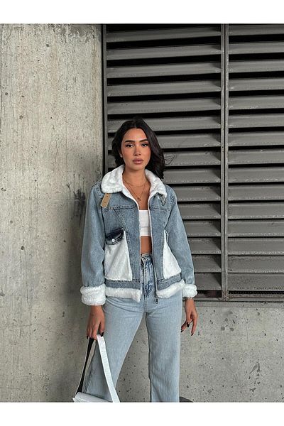 VOLT CLOTHİNG Damen-Jeansjacke mit Felldetails und Taschen