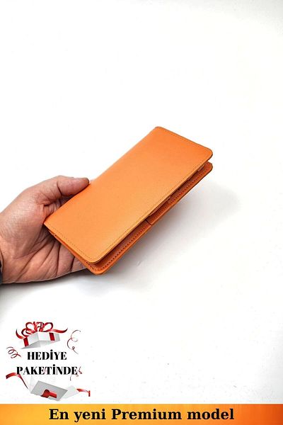 VANİLLA COLLECTİON Unisex Leather Long Portfolio Card Holder Orange Wallet with Phone Compartment