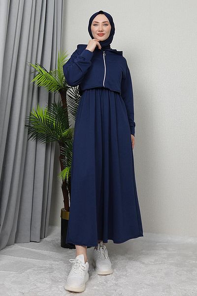 GİZ AGİYİM Crop Detail Zipper Dress Navy Blue