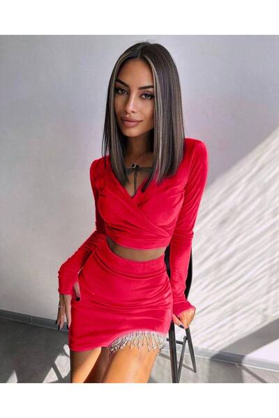 hipnoz butik Velour Fabric Stone Detail Bustier Skirt Suit