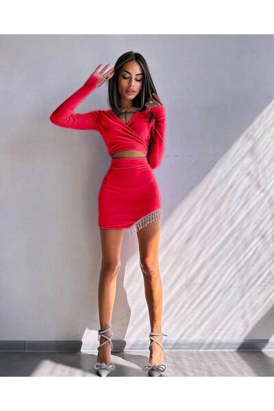 hipnoz butik Velour Fabric Stone Detail Bustier Skirt Suit