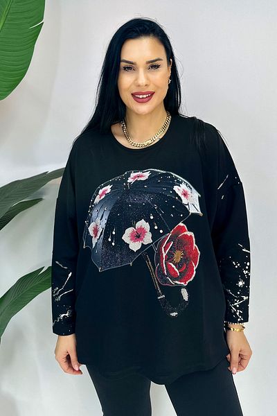GÖKSEL Umbrella Printed Plus Size Sweat - Black