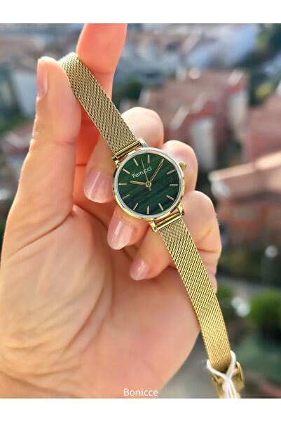 Ferrucci Marka Sarı Renk Çelik Hasır Kordon Yeşil Kadran Mini Kasa Kadın Kol Saati +Bileklik