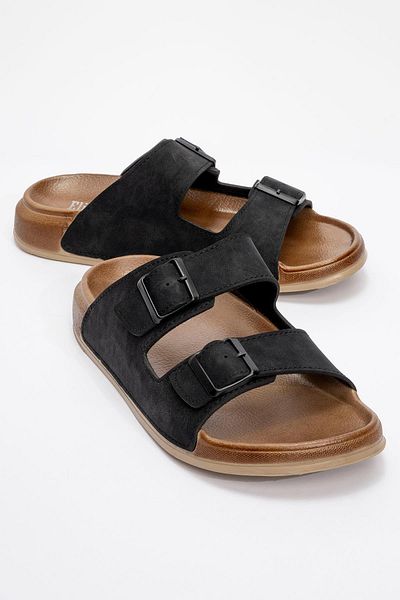 Ccway Men's Black Slippers - 2 Buckle Belt