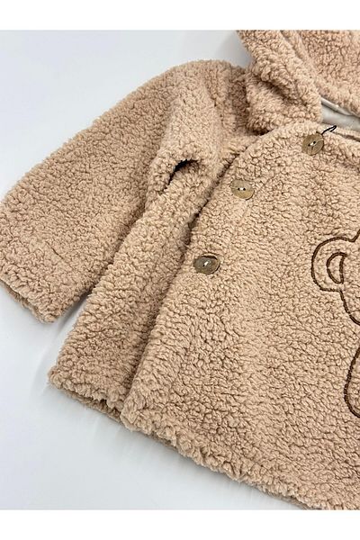 VOY KİDS Welsoft Plush Baby Embroidered Hooded Winter Cardigan-Jacket R1436