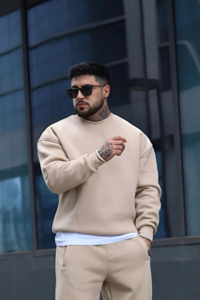 YAKAMEL Erkek Oversize 3 İplik İçi Pamuklu Uzun Kollu Bisiklet Yaka Kazak