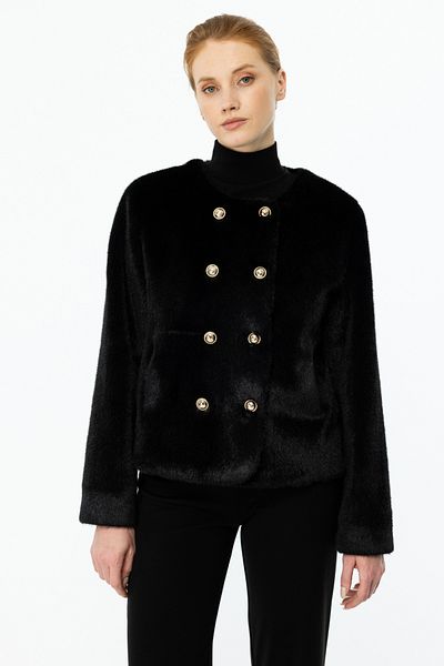 Ekol Black Plush Coat 7041 - Women'S, Button Detail