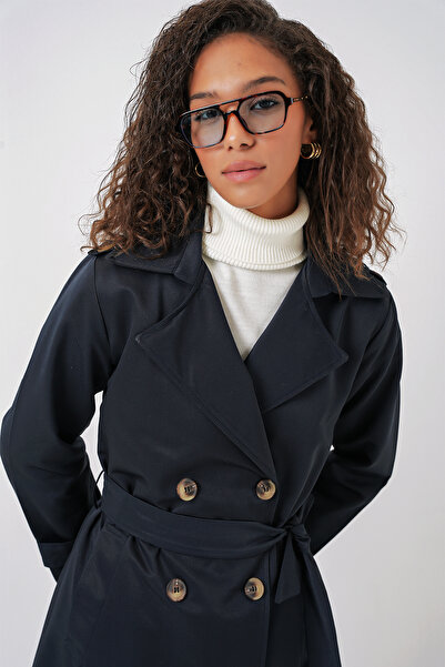 Bigdart 5940 Kadın Kruvaze Yaka Uzun Trençkot - Lacivert