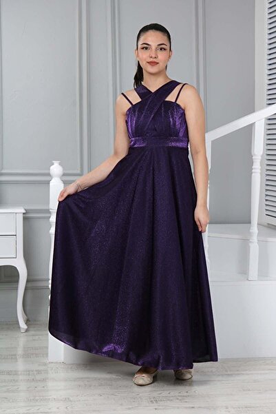 Joui Co Kız Çocuk Gömülü Sim Desenli Parlak Yapılı Uzun Abiye Elbise