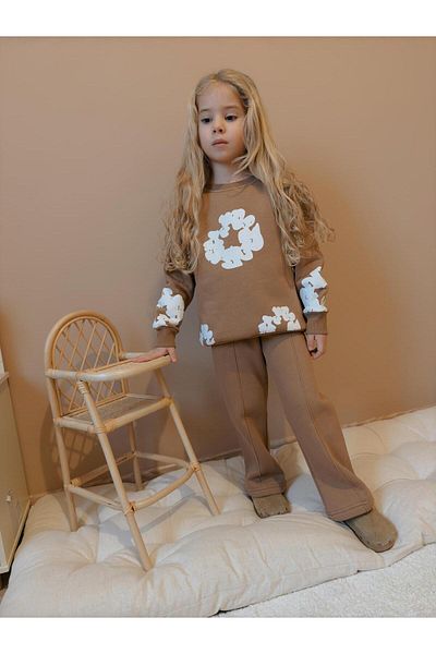 YİGİT BUTİK Floral Printed Spanish Leg Girl's Bottom Top Set