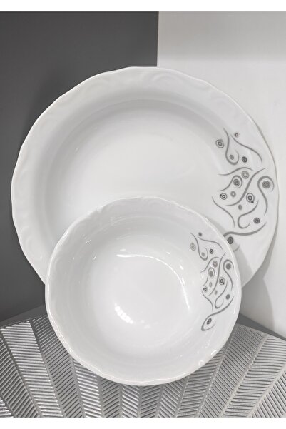 Porland Porcelain Yakamoz 12-Piece Plate Set for 6 People (Plate Bowl)