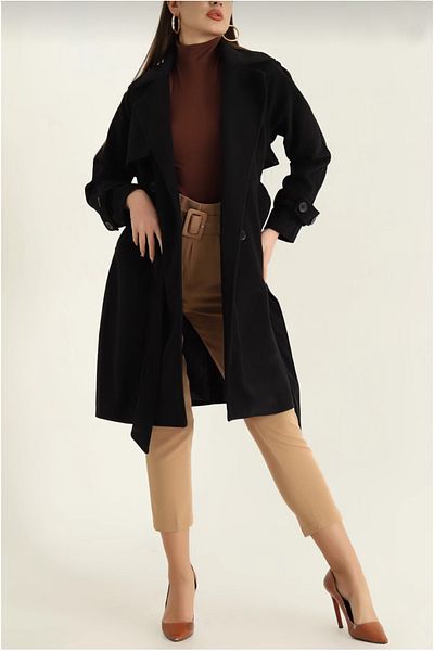 ddm tasarım Black Lined Belted Cashew Coat