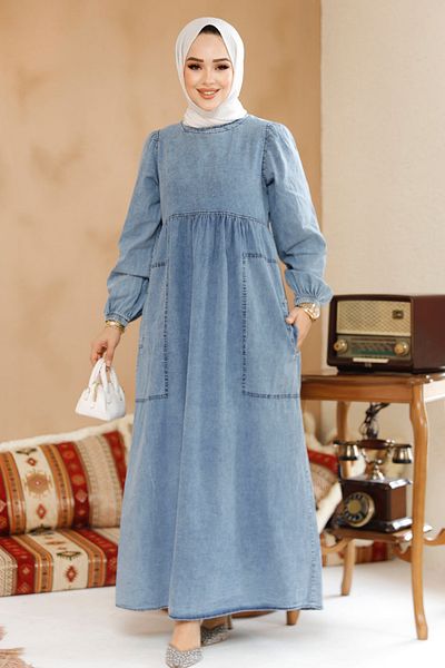 Neva Style Rochie albastră Hijab Denim - Buzunare, Model 19122M