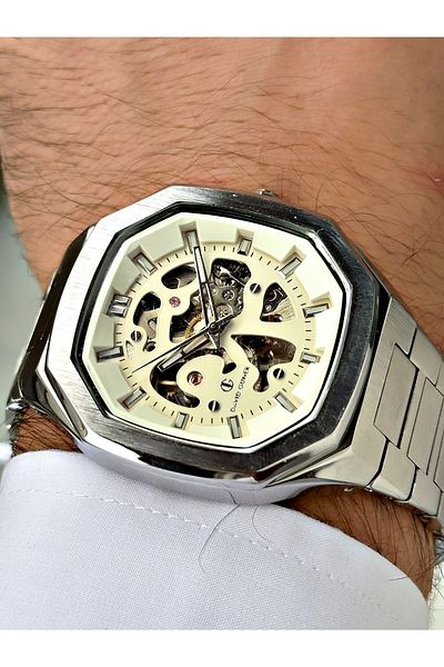 DAVID GUNER Silver Color Steel Band Men's Wrist Watch with Automatic Mechanism 8501A1