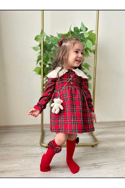 Kokosh kidss Girls' Plaid Bear with Socks and Buckle Full Set of Dresses