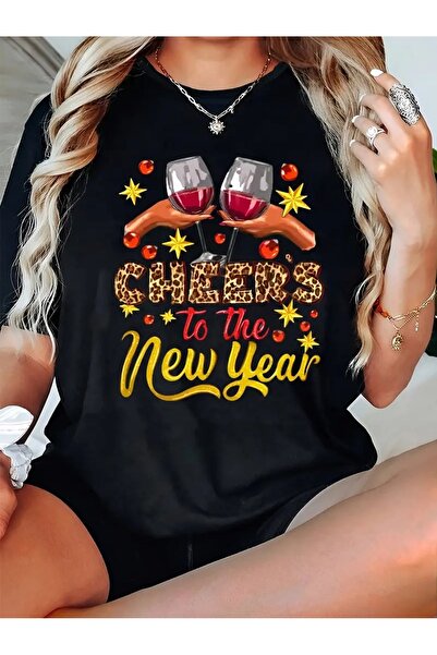 WOODROFFE Kadın / Erkek Yılbaşı Temalı Kırmızı Beyaz T-shirt Happy New Years Baskılı Yeni Yıl Oversize Salaş