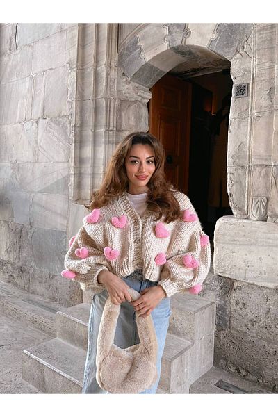 HEYAYS Pink Heart Hand Knitted Love Cardigan