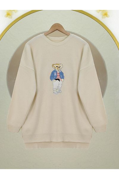 Modamorfo Cream Colored Long Back Knitwear Sweater - Teddy Bear Embroidered