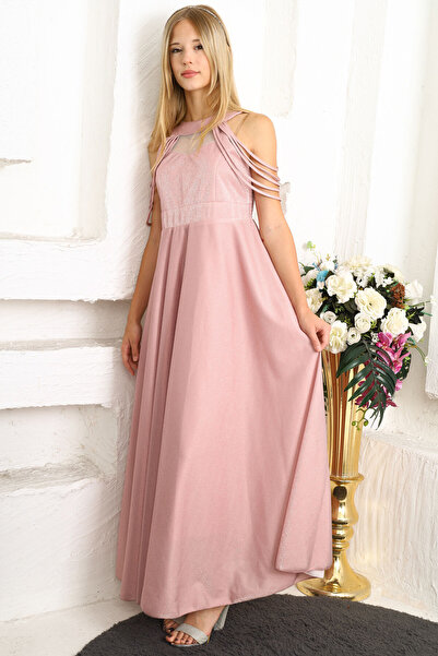 Joui Co Kız Çocuk Gömülü Sim Desenli Parlak Yapılı Uzun Abiye Elbise