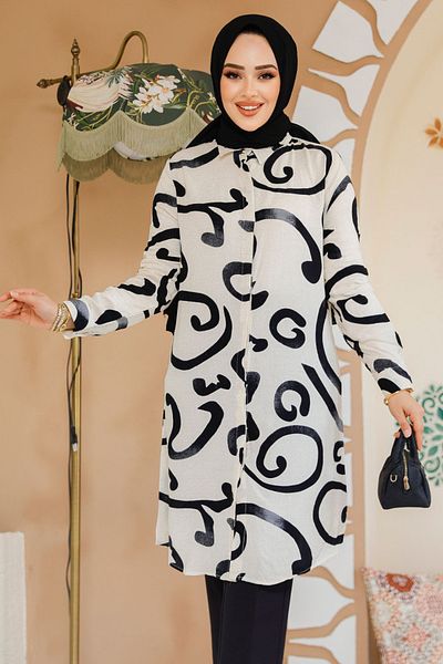 Neva Style تونيك حجاب أسود منقوش - 11714S