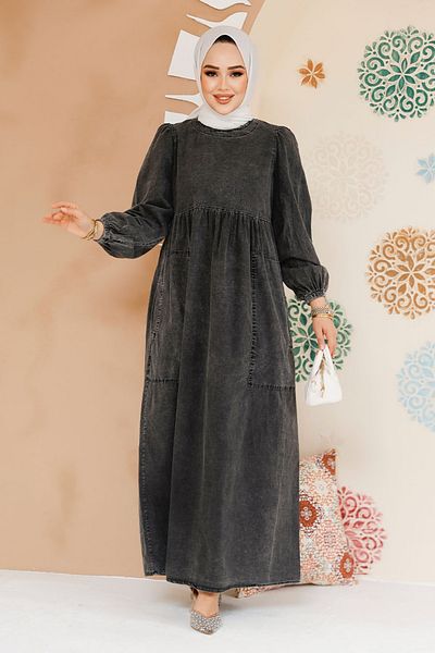 Neva Style Rochie Hijab Denim cu buzunare de culoare antracit - 19122ANT