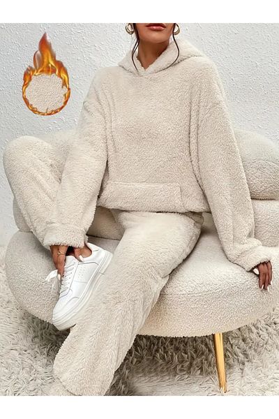 Moka Shopin Mokashopin Women's Long Sleeve Hooded Front Pocket Plush Bottom and Top Double Set