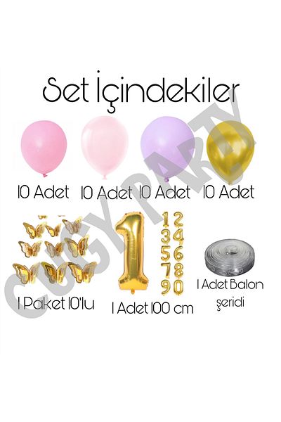 CUGY Purple Balloon Gold Butterfly Detailed Girl's Birthday Decoration Party Set with Age Options