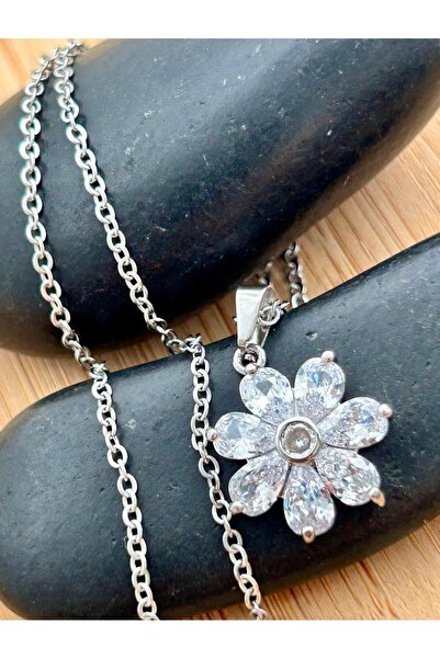 juleeco Zirkon Taşlı Çiçek Silver Çelik Kolye