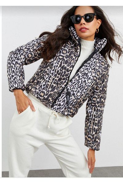 Hazinedan Women's Short Leopard Inflatable Waterproof Coat
