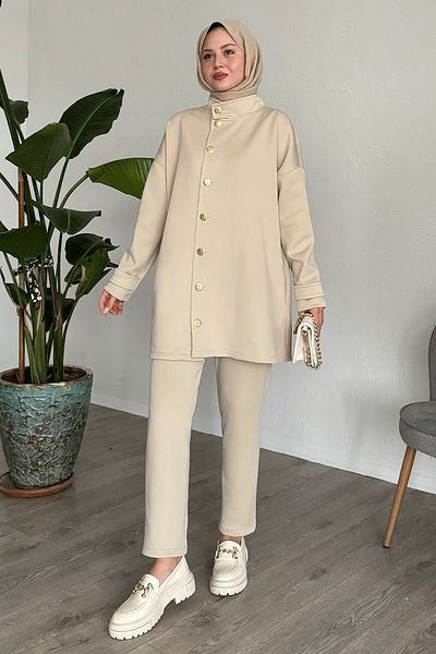 InStyle بدلة سكوبا ذات الياقة الحجرية ذات الأزرار
