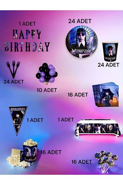 VibeHome Wednesday Themed Ultra Luxury Set for 24 - Birthday Party and Fun Events