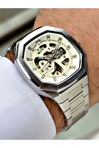 DAVID GUNER Silver Color Steel Band Men's Wrist Watch with Automatic Mechanism 8501A1