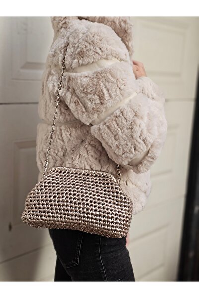 crafttatelier GÜMÜŞ RENK EL ÖRGÜSÜ ZİNCİR ASKILI TASARIM EL VE OMUZ ÇANTASI Ç...